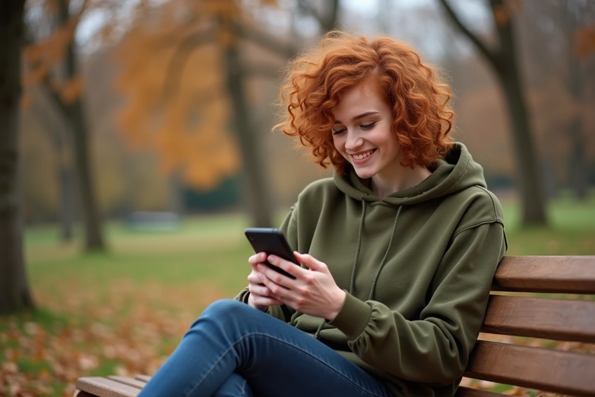 Jeune adulte gérant ses finances sur l'application La Banque Postale assis sur un banc dans un parc en automne