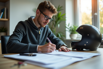Jeune adulte examinant documents de prêt moto au bureau