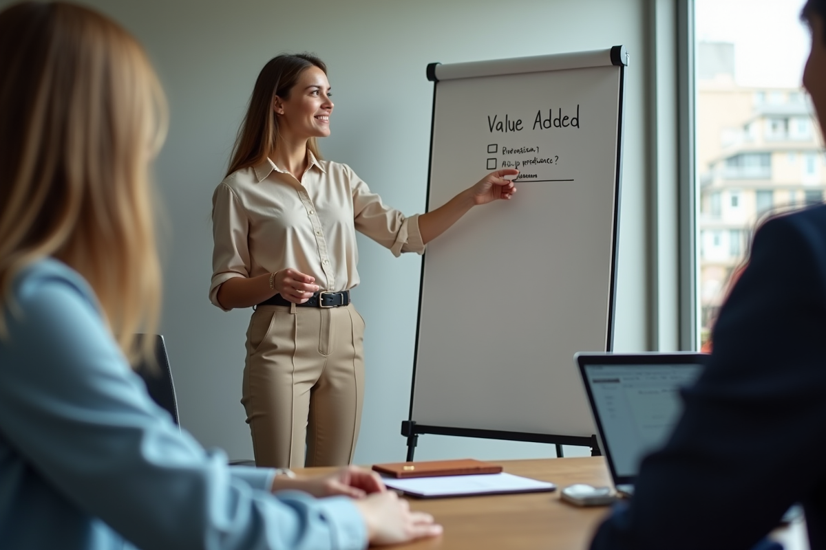 Jeune femme comptable expliquant un diagramme en réunion
