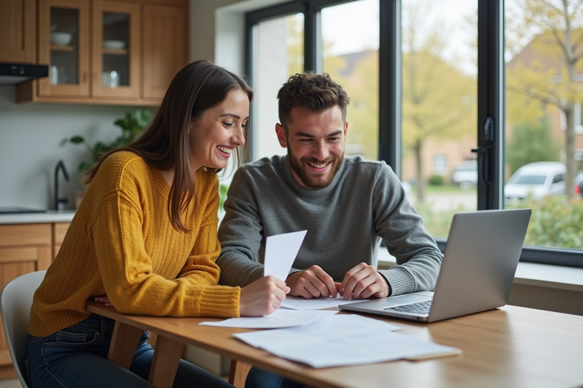 Jeune couple dans la cuisine moderne travaillant sur documents