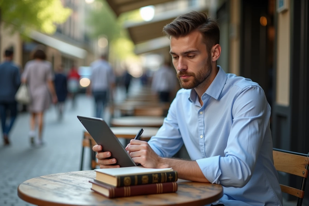 Jeune économiste prenant des notes dans un café en plein air