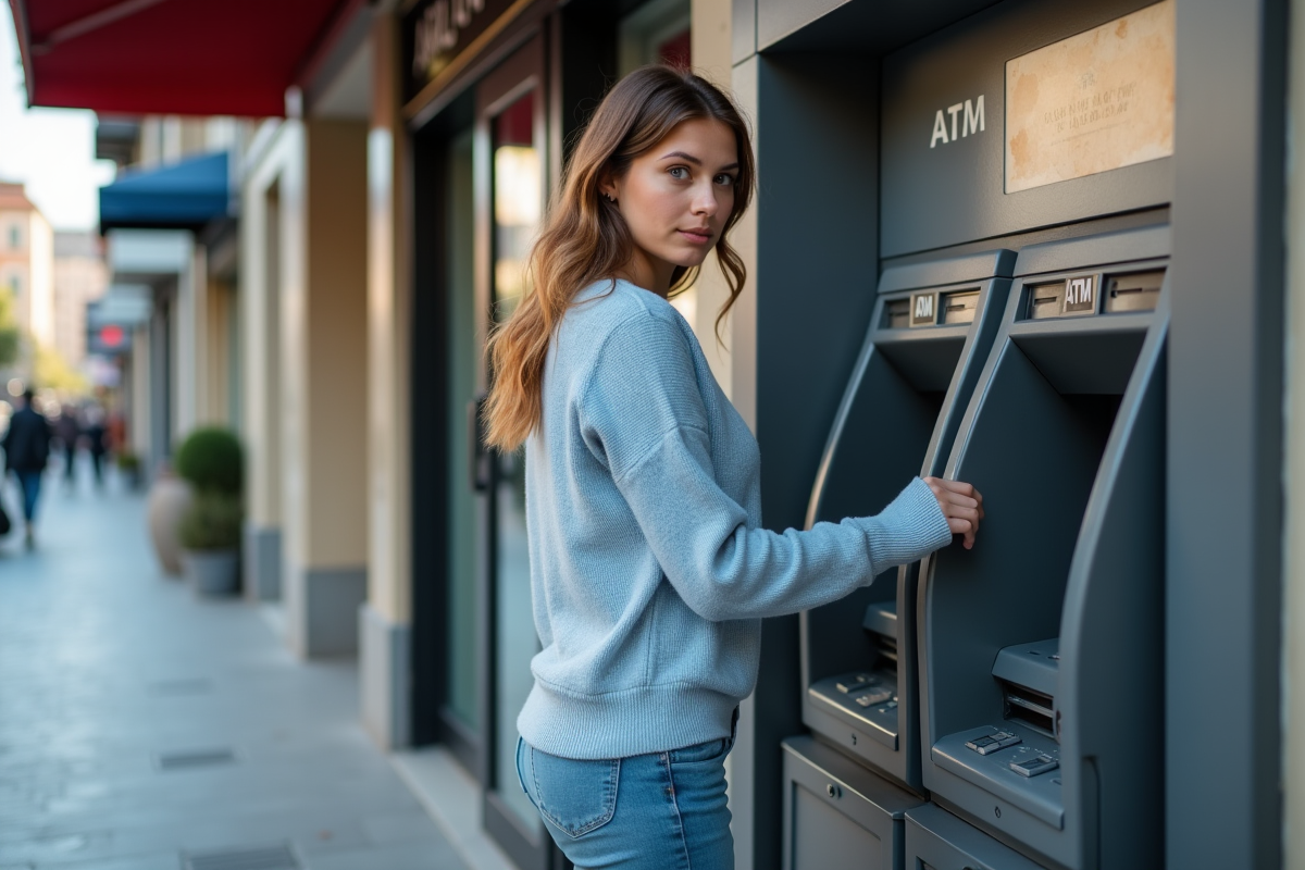 Jeune femme utilise un ATM dans une rue urbaine