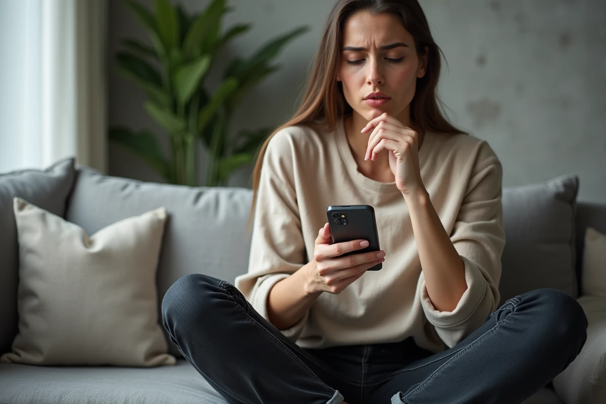 Jeune femme hésitante consultant une application de remise cashback sur son smartphone dans un salon