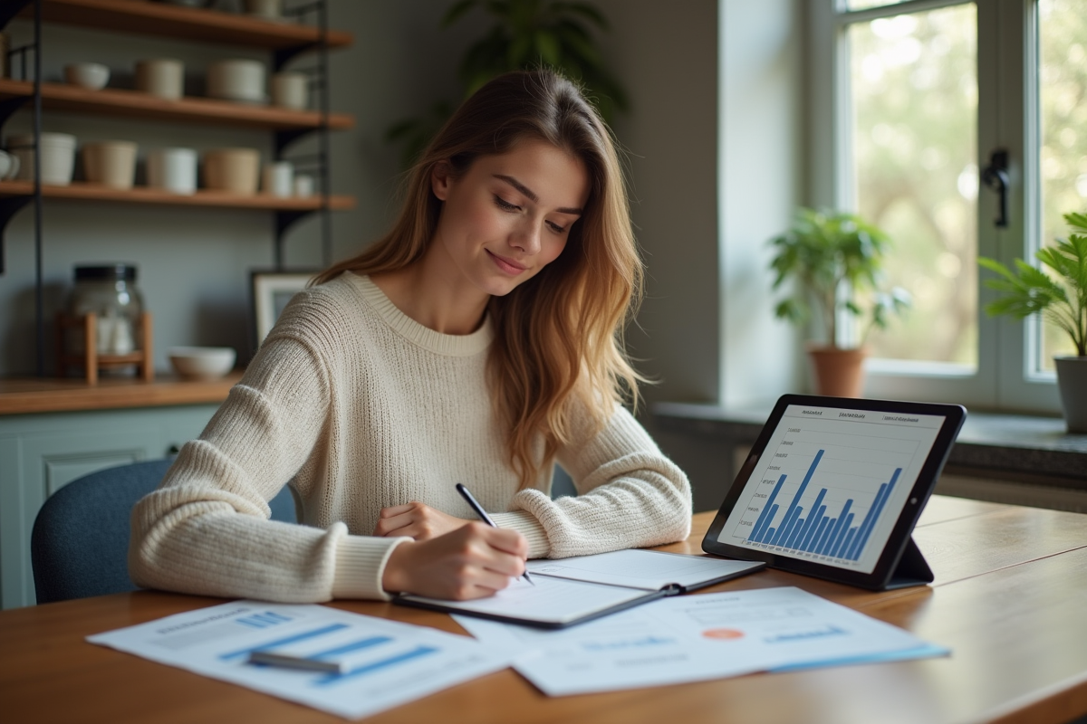 Jeune femme à la maison analysant des graphiques financiers