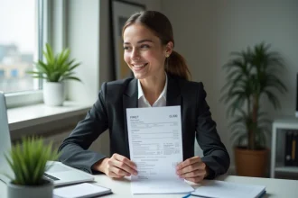Jeune femme en tenue professionnelle regarde sa fiche de paie