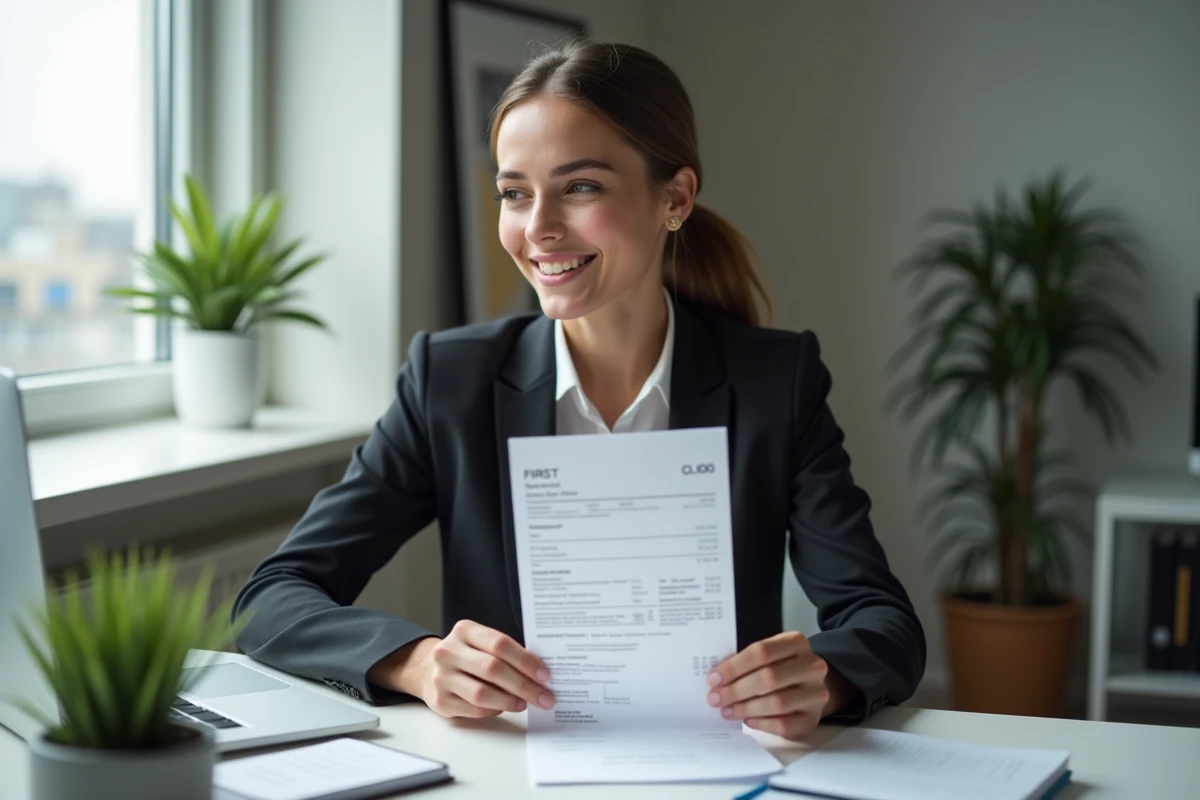 Jeune femme en tenue professionnelle regarde sa fiche de paie