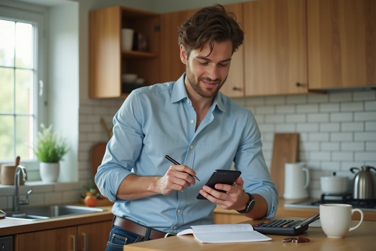 Jeune homme utilise un calculateur dans la cuisine
