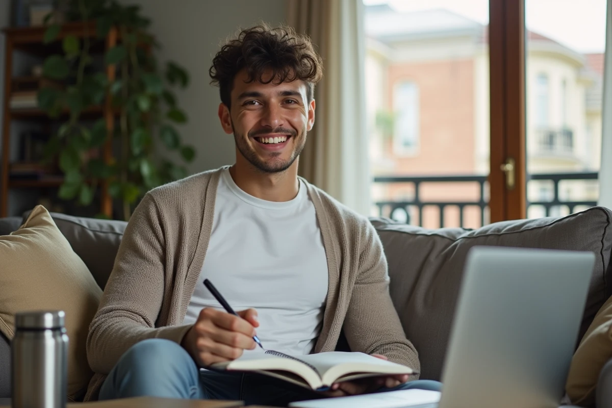 Jeune homme souriant vérifiant ses dépenses dans un salon
