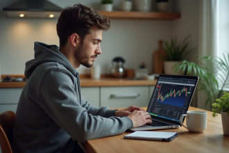 Jeune homme étudiant la cryptomonnaie sur son laptop