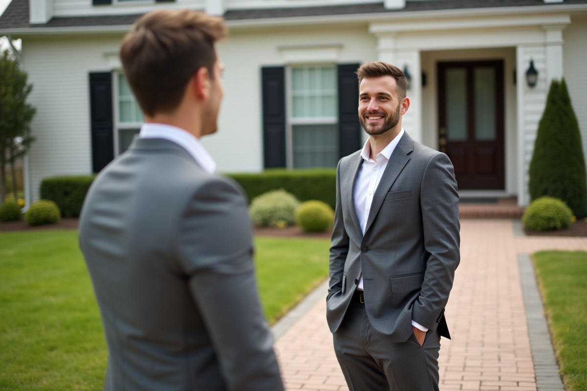 Jeune homme devant une maison en discutant avec un agent immobilier