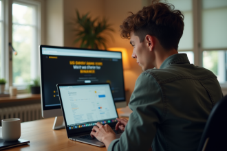 Jeune homme inquiet regardant le site Binance US sur son ordinateur