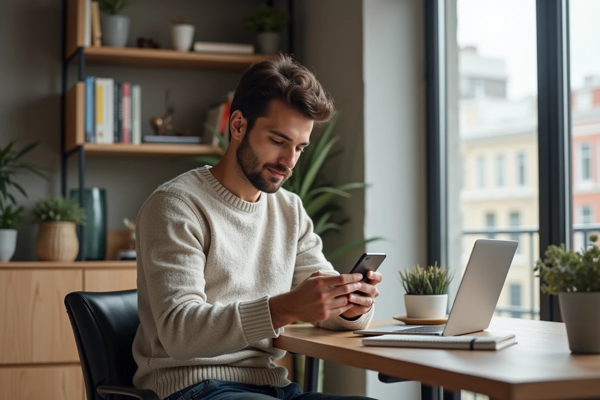 Jeune homme regardant son smartphone dans un appartement moderne