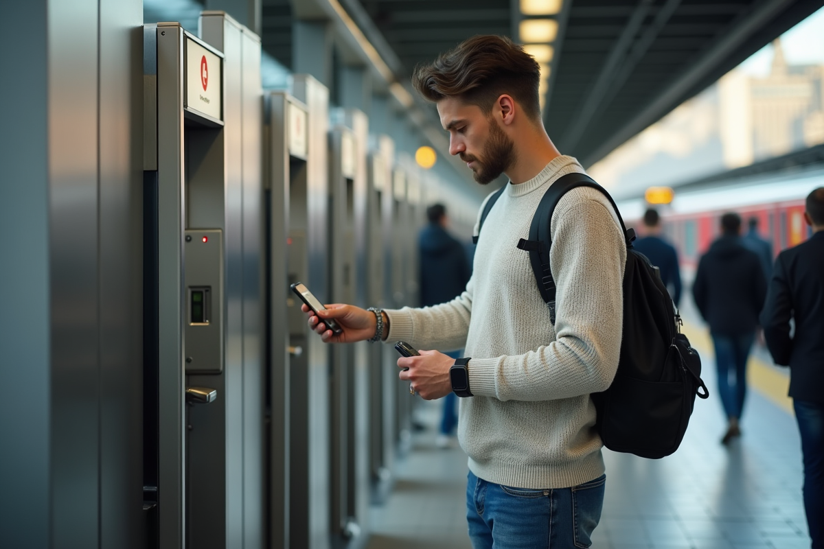 Jeune homme utilisant sa smartwatch au métro