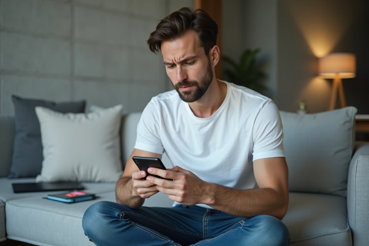 Jeune homme consultant les étapes de validation sécurisée LCL sur son nouveau smartphone depuis son salon moderne