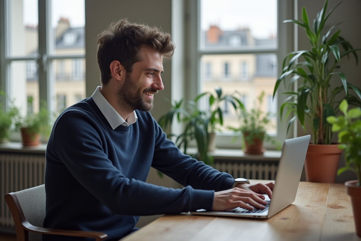Jeune homme vérifiant son identité sur un ordinateur à Paris