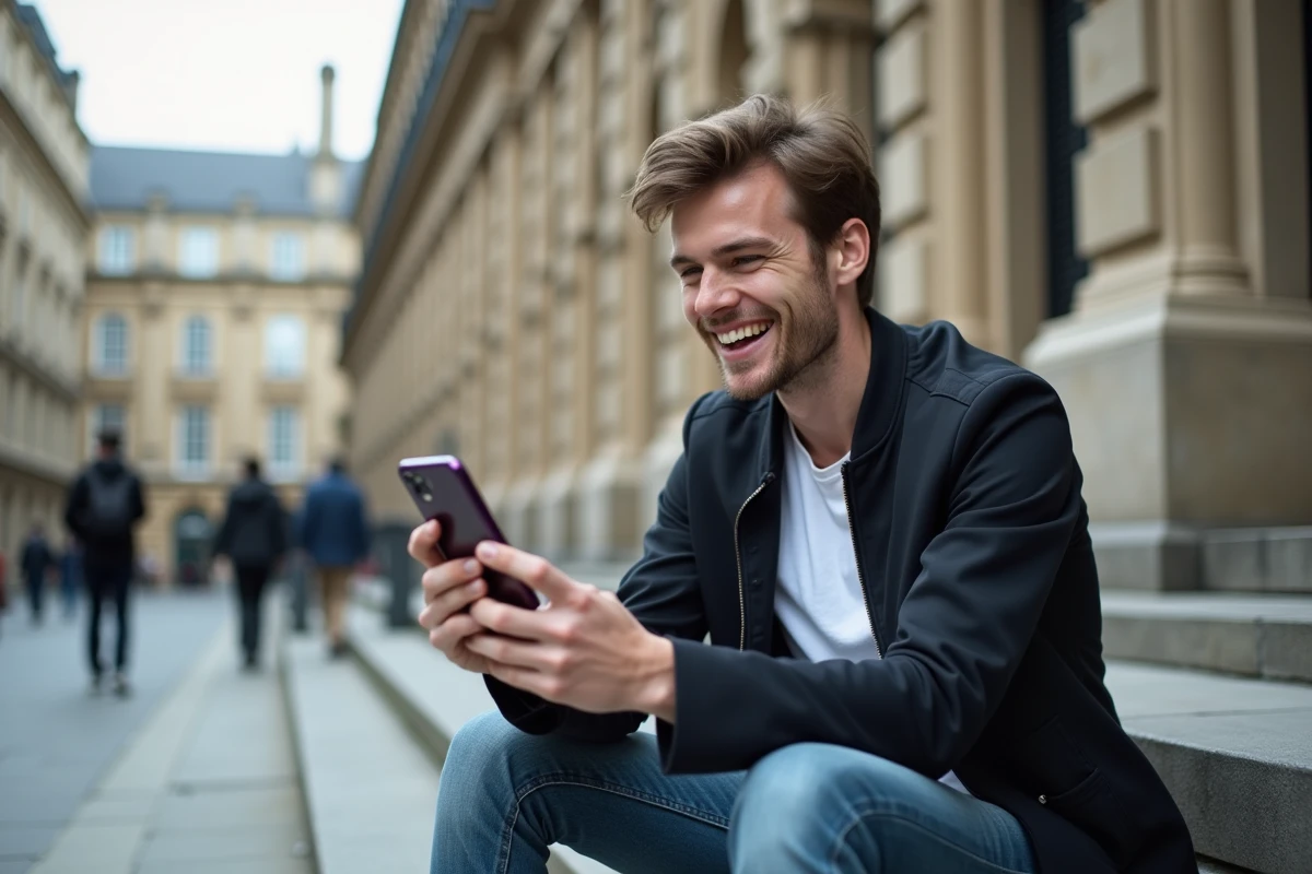 Jeune homme enregistrant une video devant un bâtiment historique