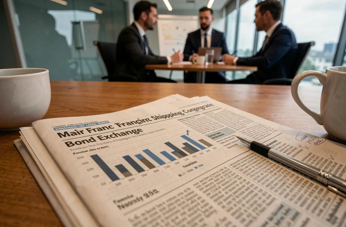 Journal financier ouvert sur une table de réunion avec des graphiques boursiers et des titres sur les obligations échangeables du groupe CMA CGM