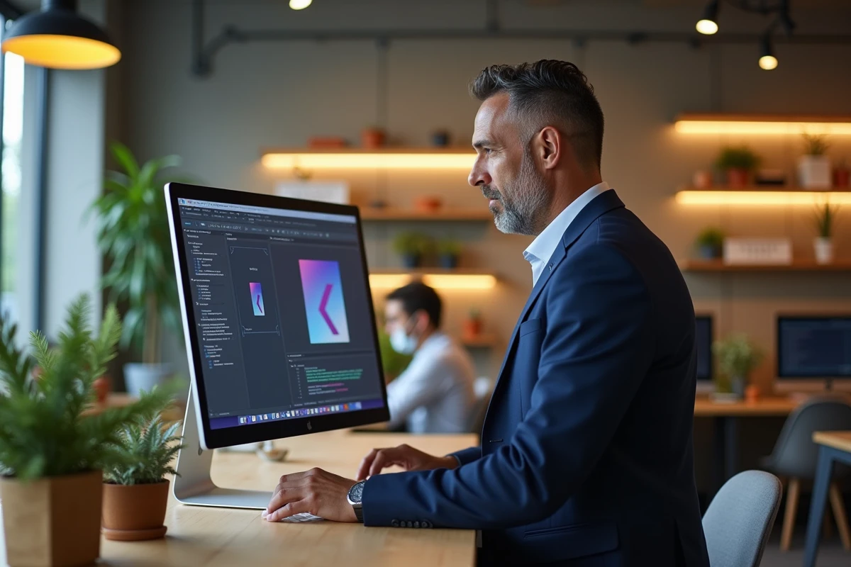 Designer graphique utilisant le logo officiel CIC dans un logiciel de conception en espace de coworking
