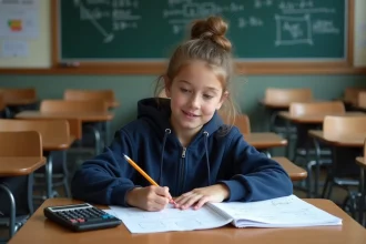 Lycéenne qui écrit une formule de taux d'évolution dans un cahier de mathématiques en classe