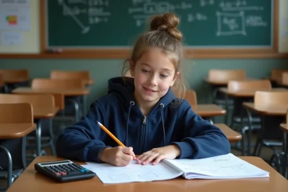 Lycéenne qui écrit une formule de taux d'évolution dans un cahier de mathématiques en classe