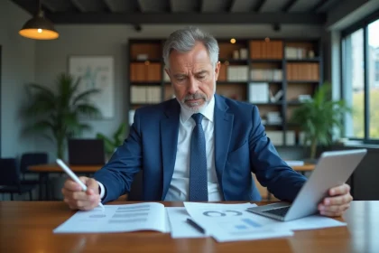 Manager en costume bleu analysant un rapport inflation