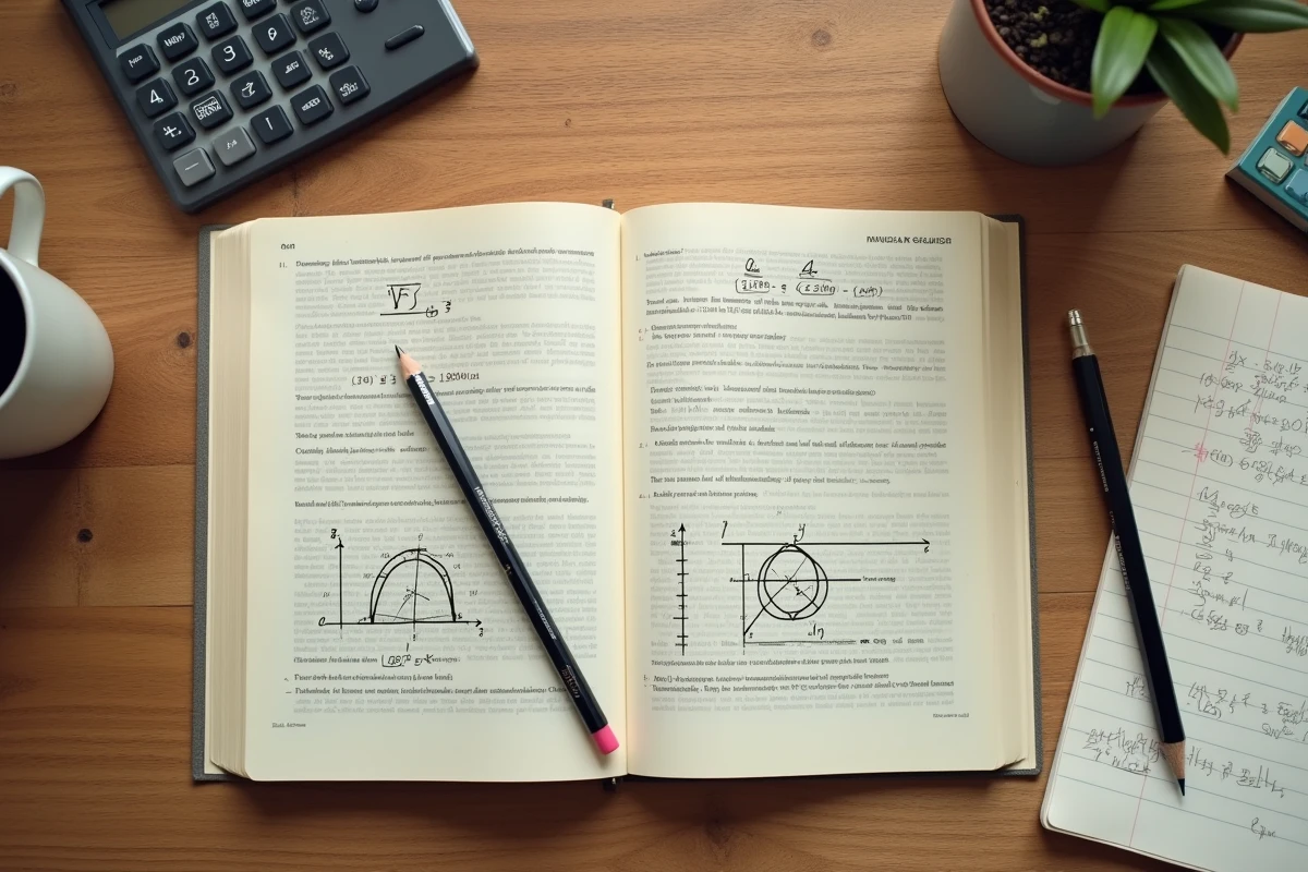 Vue aérienne d'un bureau avec un manuel de mathématiques ouvert sur des formules de taux d'évolution, une calculatrice et des notes manuscrites