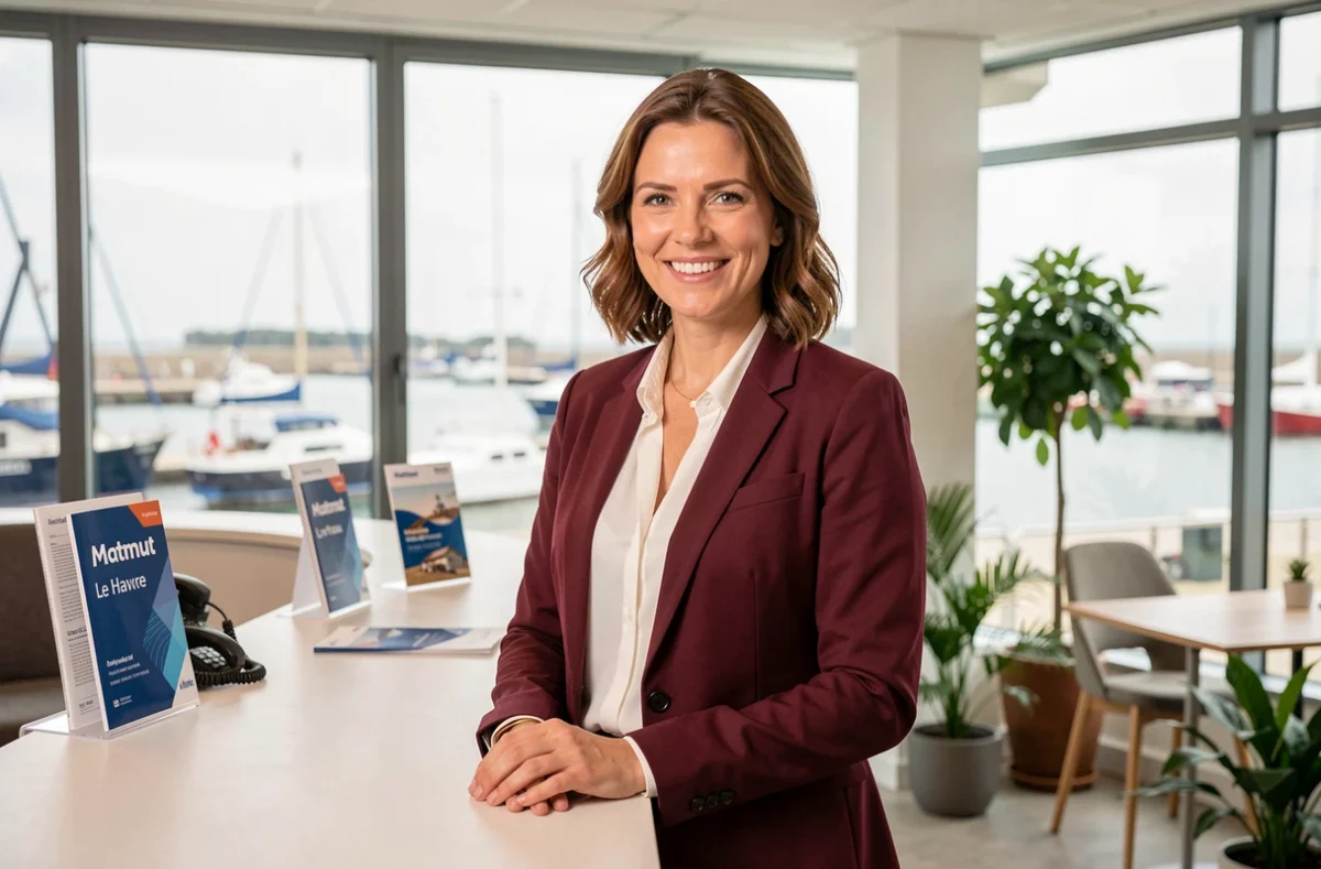 Conseillère de l'agence Matmut du Havre au comptoir avec vue sur le port en arrière-plan