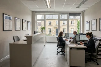 Bureau d'agent d'assurance en Normandie avec vue panoramique sur l'espace de travail professionnel