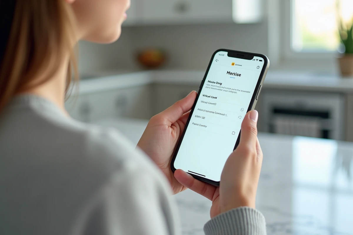 Mère consultant les paramètres de contrôle parental sur une application de carte bancaire virtuelle pour sécuriser les achats en ligne de son adolescent
