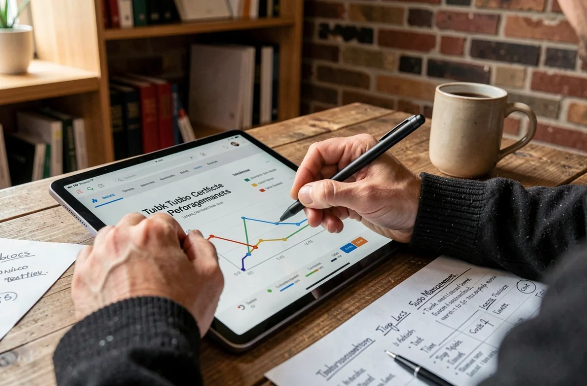 Mains d'un trader annotant un plan de money management sur tablette avec des courbes de performance de turbos en bourse