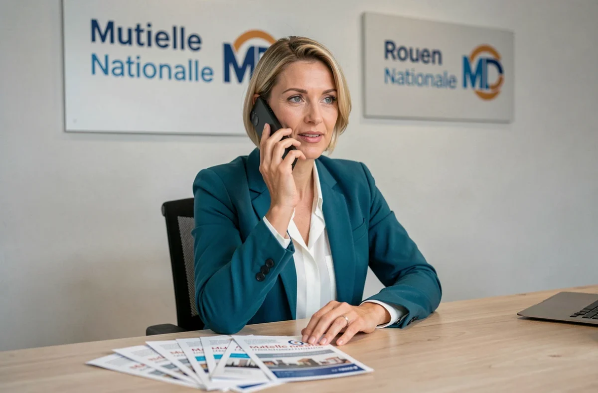 Conseillère de la Mutuelle Nationale MCD à Rouen en consultation téléphonique avec brochures sur le bureau