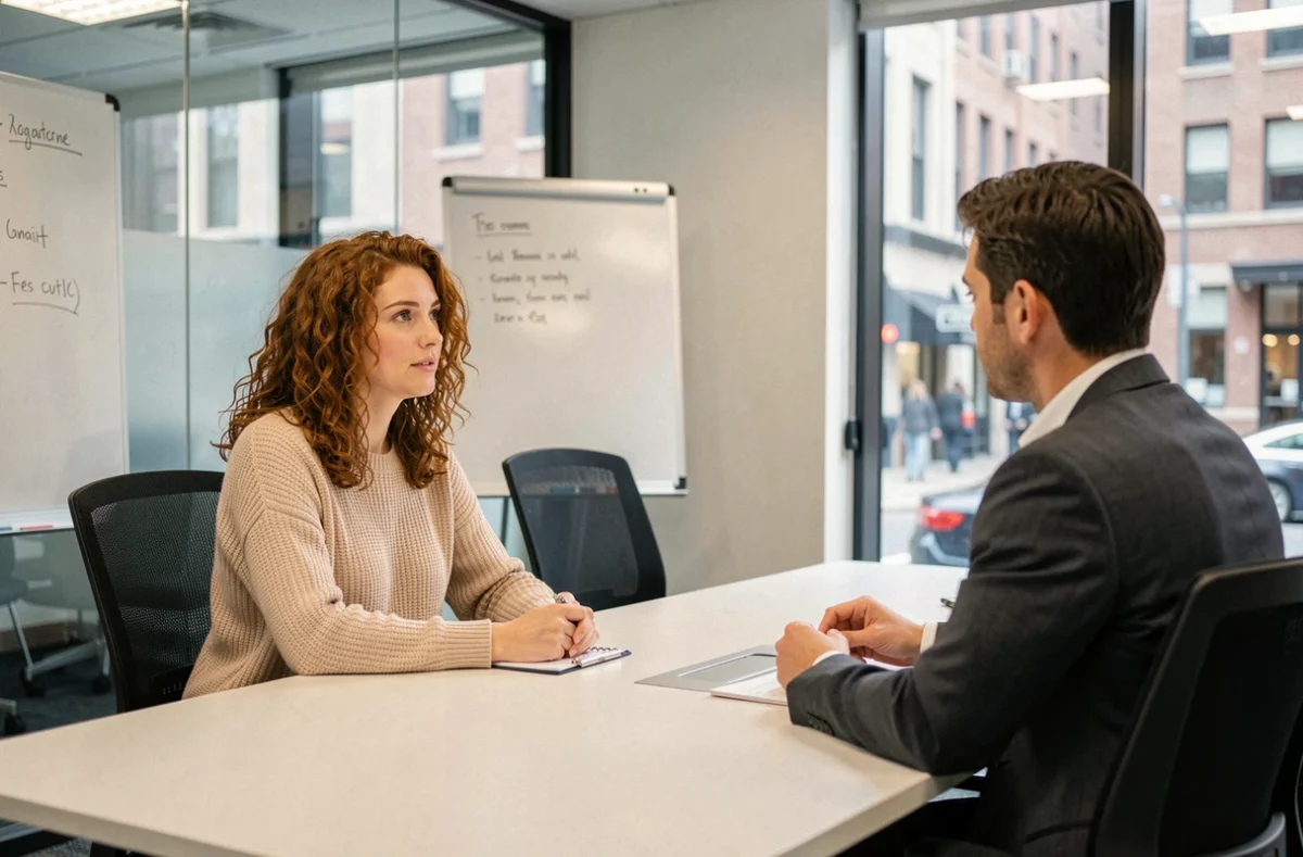 Salariée en réunion avec un responsable RH pour négocier une augmentation de ses heures de travail du SMIC à temps partiel