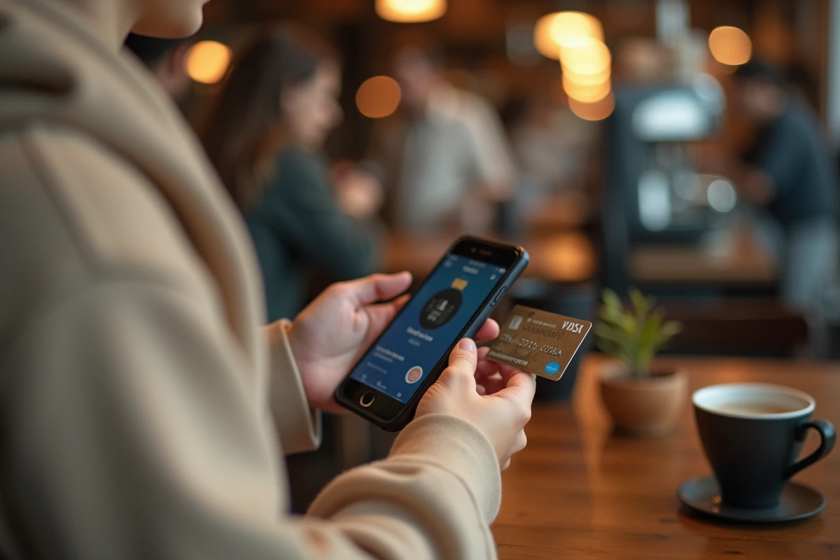 Personne tenant un smartphone avec une interface de paiement mobile et une carte bancaire expirée dans un café moderne