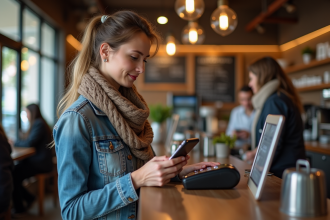 Femme faisant un paiement sans contact au café