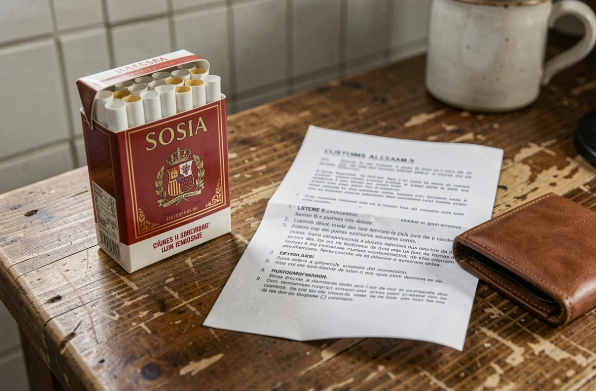 Paquet de cigarettes espagnoles posé à côté d'un document sur les règles douanières françaises concernant le tabac importé d'Espagne en 2026