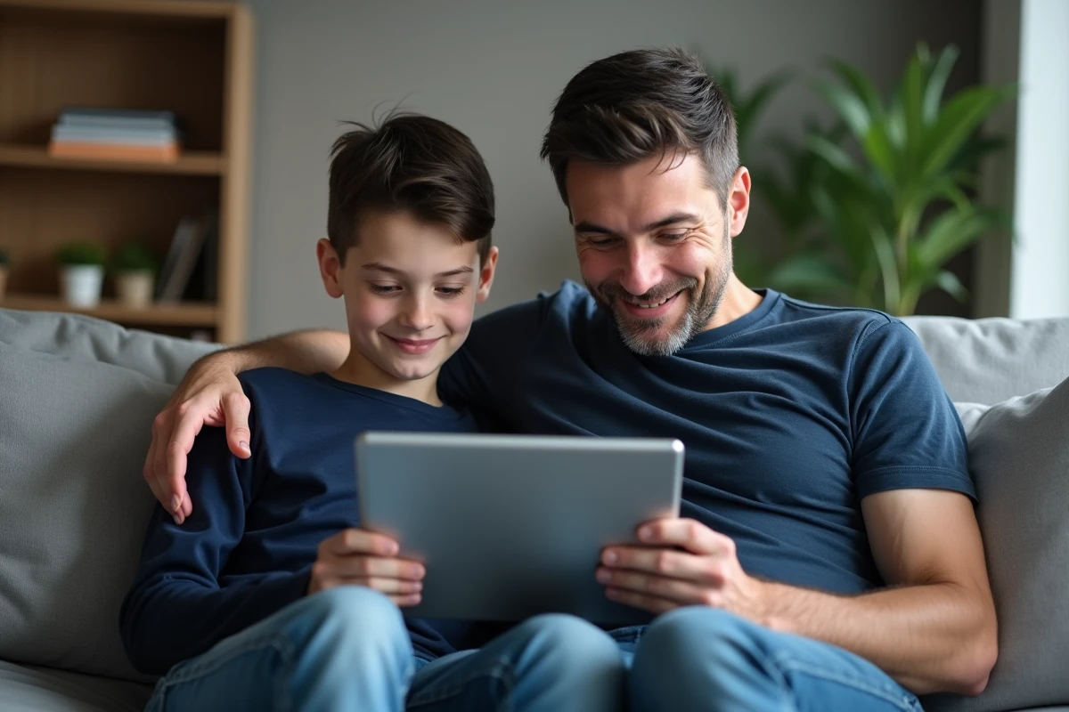 Père et fils adolescent consultant ensemble une application bancaire sur tablette pour gérer les achats en ligne sécurisés