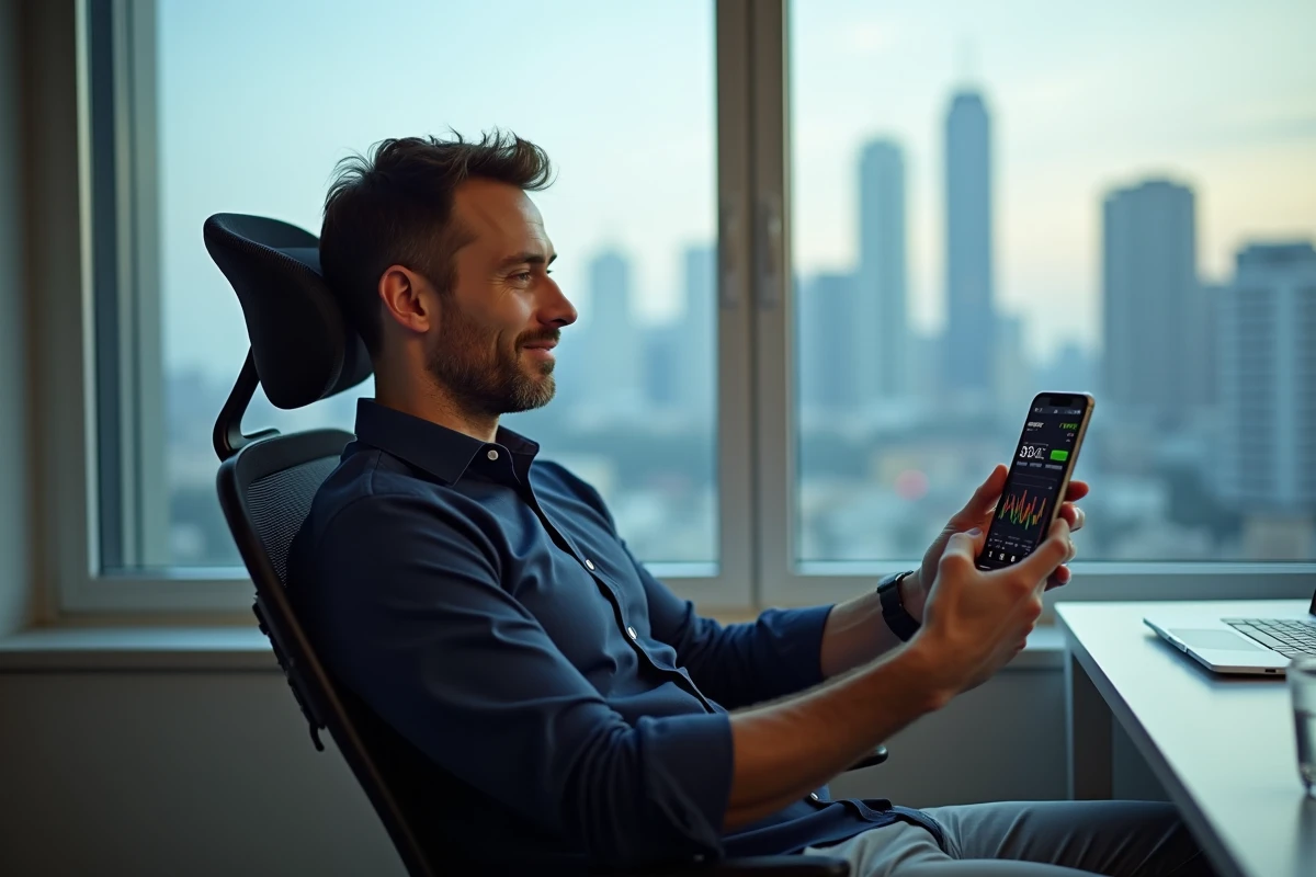 Investisseur consultant son portefeuille boursier GTA 5 sur smartphone avec vue urbaine en arrière-plan