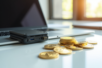 Portefeuille hardware crypto connecté à un ordinateur avec pièces d'or