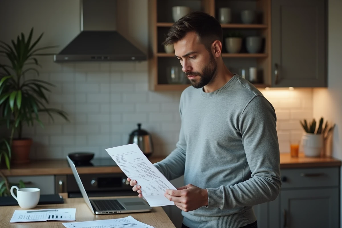 Professeur analysant son bulletin de paie et son ordinateur portable à la maison