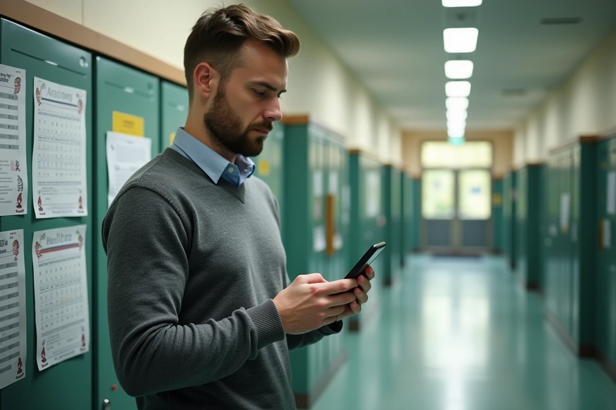 Professeur masculin vérifiant les dates de virement de salaire sur son application bancaire dans un couloir scolaire