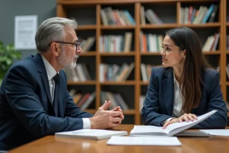 Deux professionnels en discussion dans une bibliothèque moderne