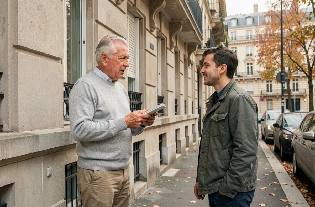 Deux professionnels de l'immobilier discutant devant un immeuble résidentiel pour une SCPI