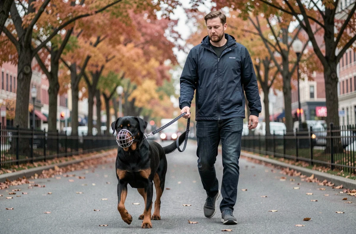 Homme promenant un chien de catégorie 1 avec muselière réglementaire en milieu urbain dans un parc de ville