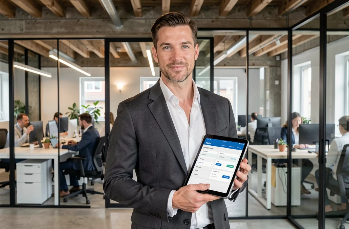 Courtier RAS à Rouen debout dans un bureau moderne avec tablette affichant des comparatifs d'assurance