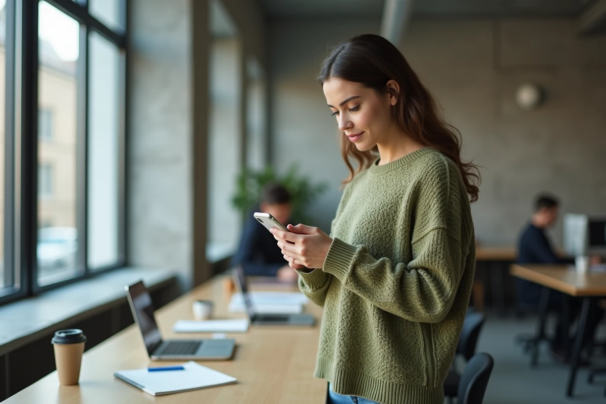 Jeune femme recherchant le numéro de téléphone Cetelem sur son smartphone dans un espace de coworking