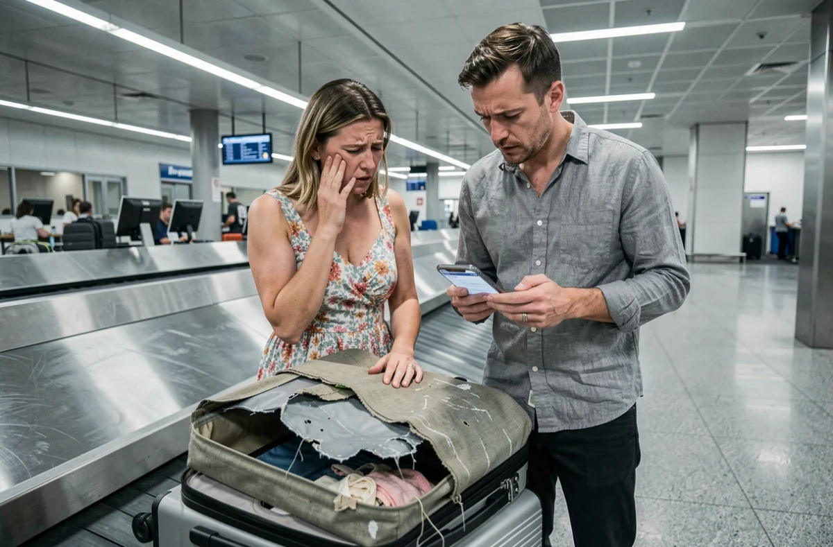 Couple constatant un bagage endommagé et déposant une réclamation d'assurance voyage Air France à l'aéroport