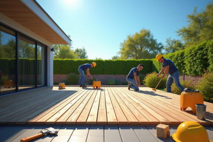 Terrasse extérieure en rénovation avec ouvriers et outils