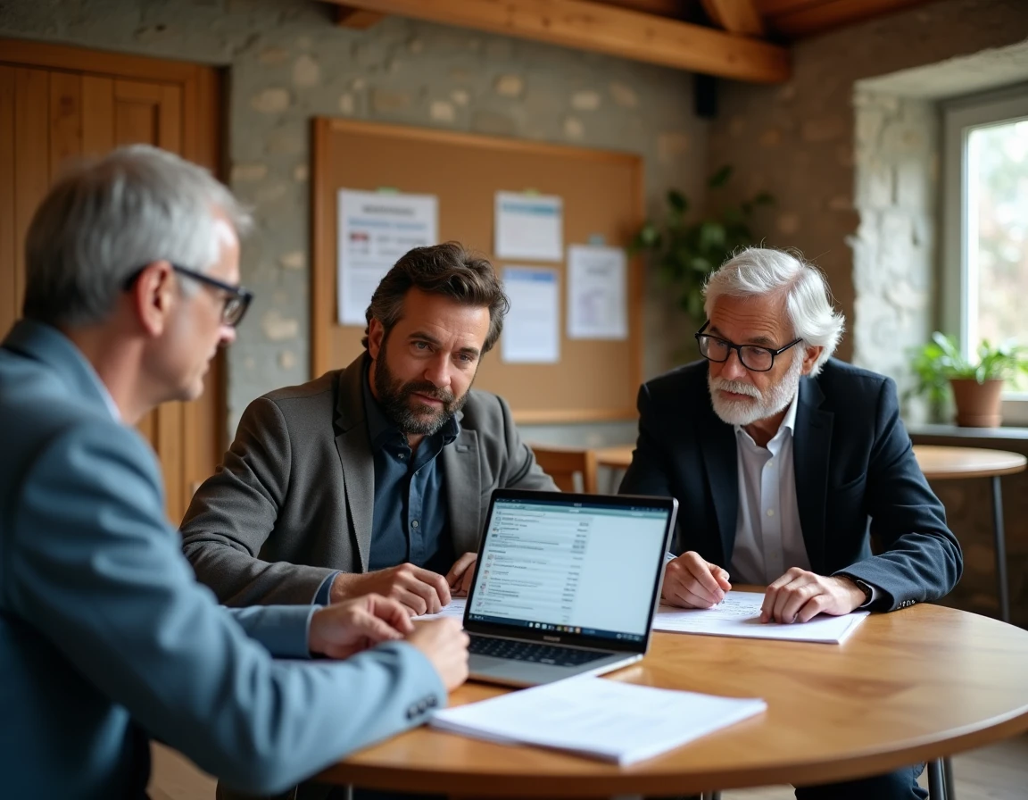 Membres d'une association bretonne analysant leurs services bancaires autour d'une table en Morbihan