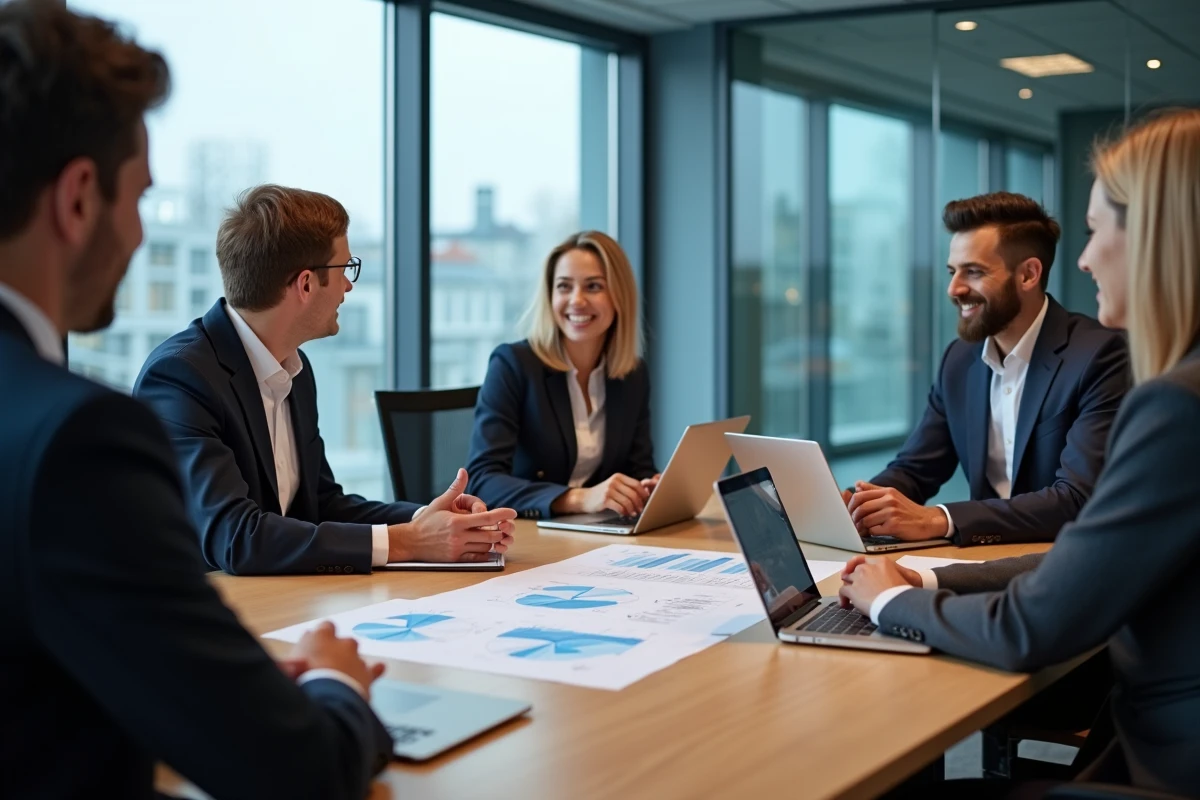 Groupe de collègues en réunion dans une salle de conférence lumineuse