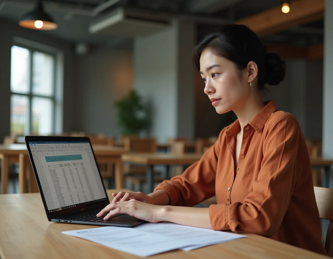 Jeune femme calculant son salaire net 25h semaine au SMIC 2026 sur un tableur dans un espace de coworking